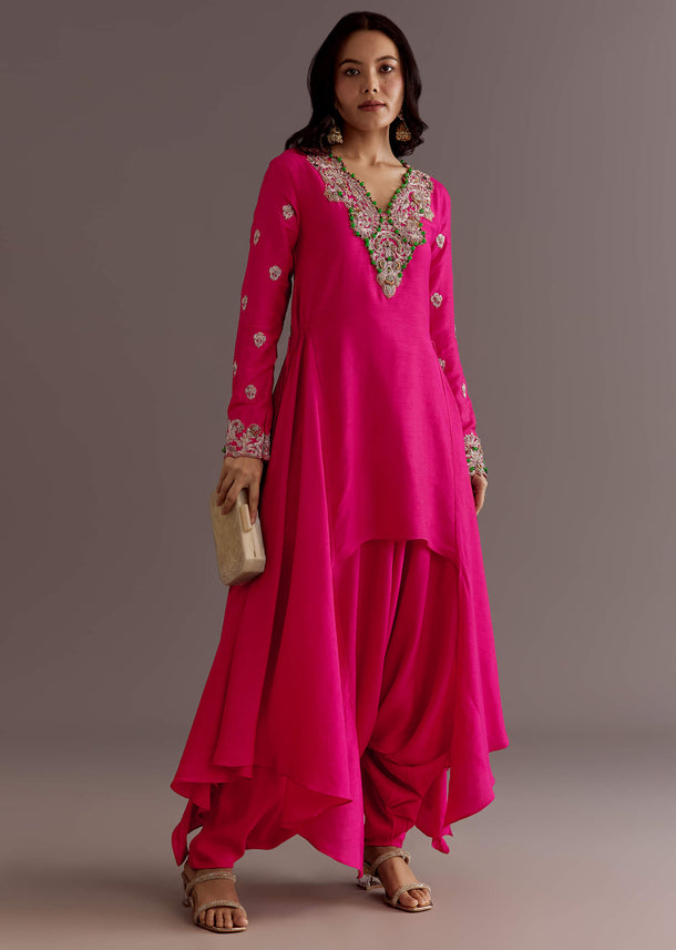 Pink Silk Asymmetrical Zardosi Work Kurta Dhoti Set