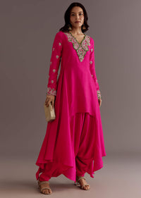 Pink Silk Asymmetrical Zardosi Work Kurta Dhoti Set