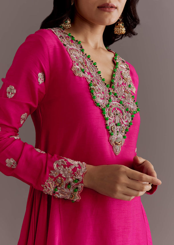 Pink Silk Asymmetrical Zardosi Work Kurta Dhoti Set