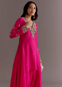 Pink Silk Asymmetrical Zardosi Work Kurta Dhoti Set