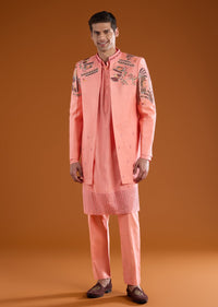 Pink Silk Indowestern Kurta Set with Patchwork
