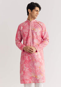 Pink Silk Kurta Set With Mandarin Collar