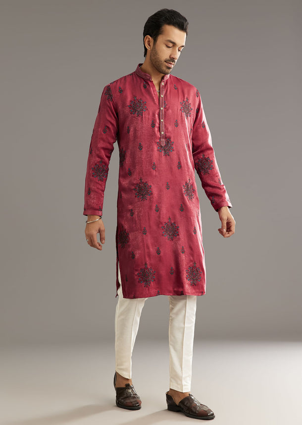Pink Silk Printed Kurta Set