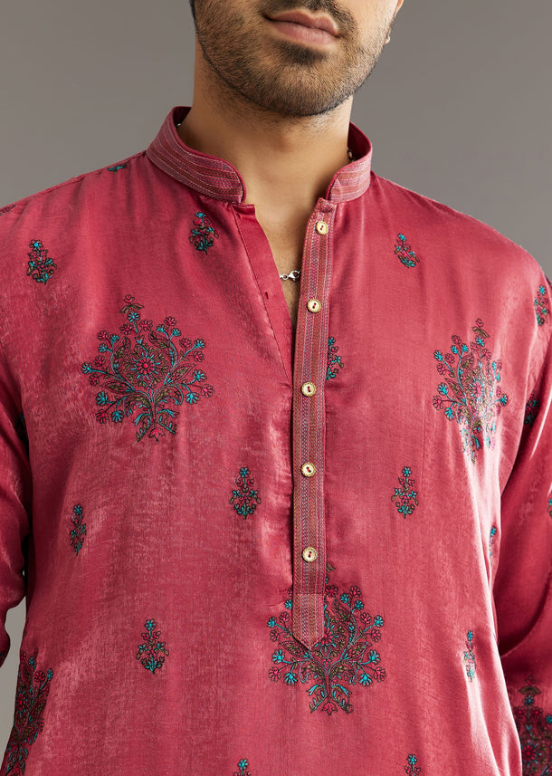Pink Silk Printed Kurta Set