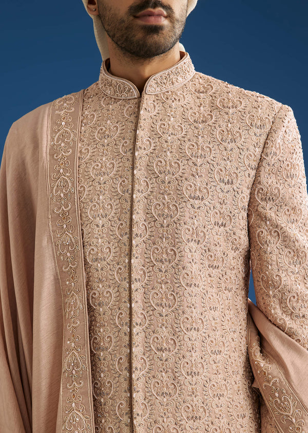 Pink Silk Sherwani Set With Tonal Hand Embroidery
