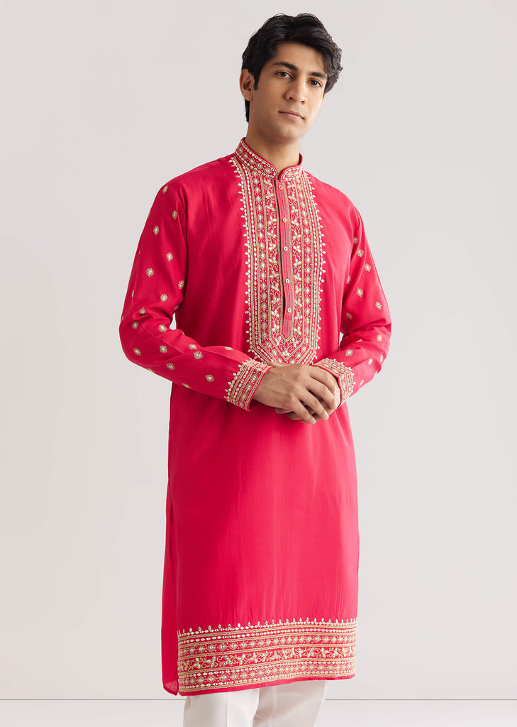 Pink Silk Yoke Embroidered Kurta Set With Gotta And Resham Work