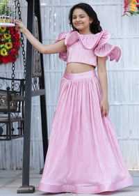 Kalki Girls Pink Skirt And Crop Top Set In Crushed Shimmer Lycra With Elaborate Ruffle Neckline Online - Kalki Fashion