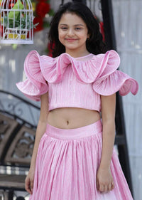 Kalki Girls Pink Skirt And Crop Top Set In Crushed Shimmer Lycra With Elaborate Ruffle Neckline Online - Kalki Fashion