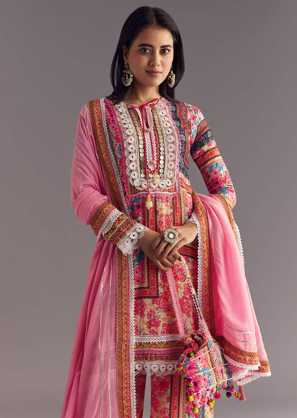 Pink Tabby Silk Floral Print Kurta Palazzo Set With Potli Bag