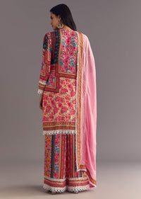 Pink Tabby Silk Floral Print Kurta Palazzo Set With Potli Bag