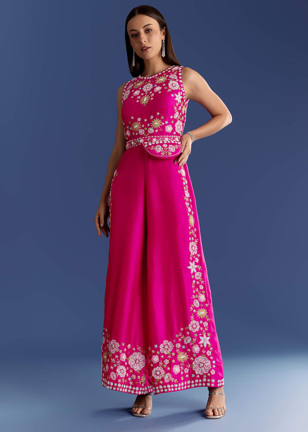 Pink Thread And Moti Work Jumpsuit With Waist Belt