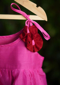 Kalki Girls Pink Tiered Dress In Cotton Silk With Adjustable Red Tie Ups On The Shoulder By Love The World Today