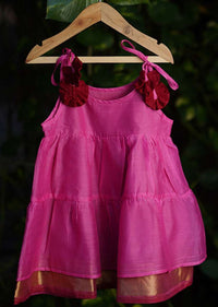 Kalki Girls Pink Tiered Dress In Cotton Silk With Adjustable Red Tie Ups On The Shoulder By Love The World Today