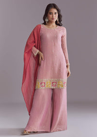 Pink Tissue Palazzo Suit With Embroidery And Contrast Dupatta