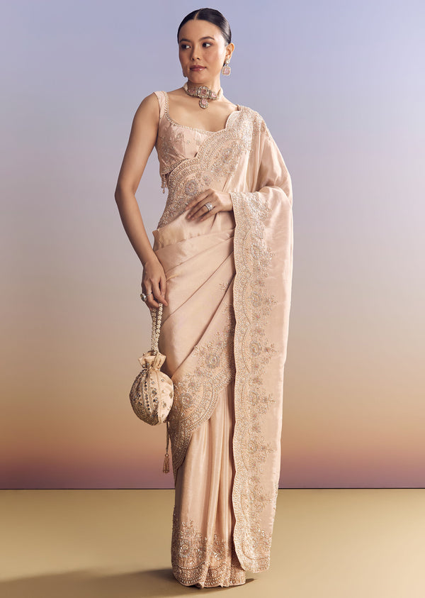 Pink Tissue Saree With Scallop Border