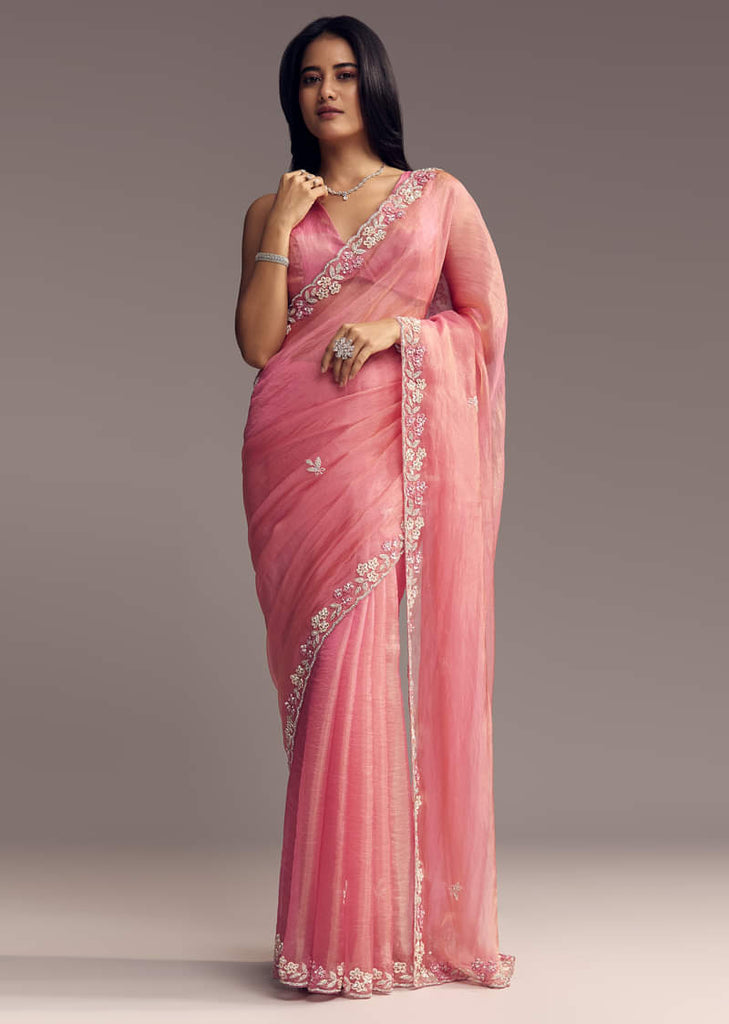 Pink Tissue Saree With Sequins And Floral Border