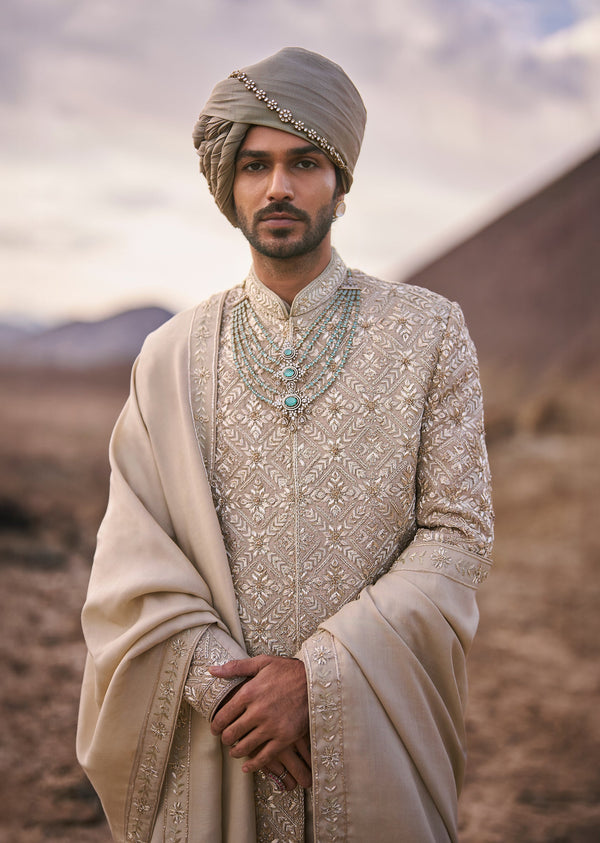 Stone Grey Tissue Hand Embroidered Wedding Sherwani