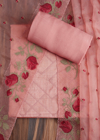 Pink Tussar Embroidered Dress Material Suit