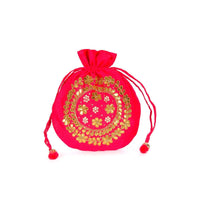 Pink velvet potli bag embellished in gotta patch and moti kalki