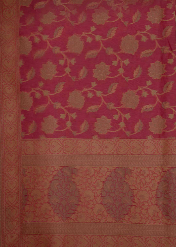 Pink weaved saree in rose motifs