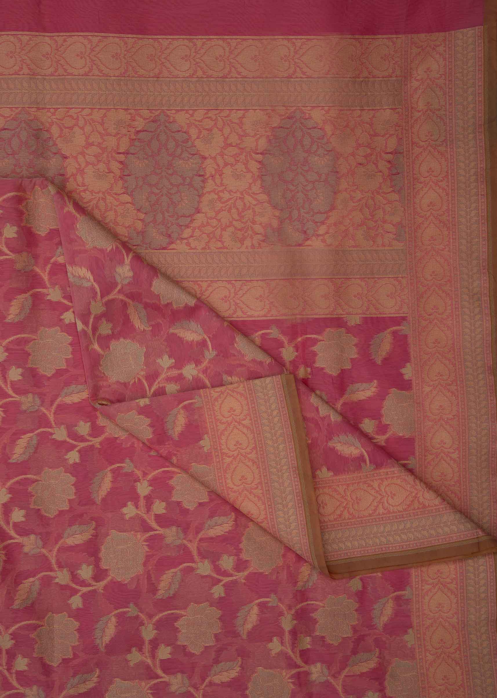 Pink weaved saree in rose motifs