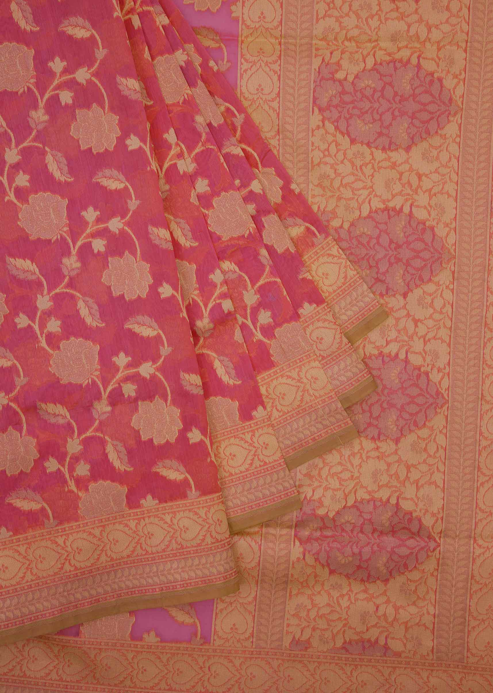 Pink weaved saree in rose motifs