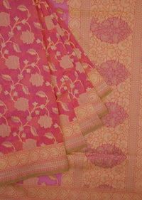 Pink weaved saree in rose motifs only on Kalki