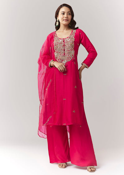 Pink Zardosi Kurta Pant Set With Dupatta