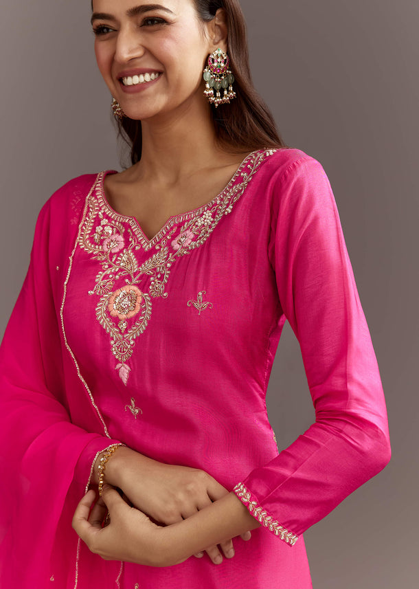 Pink Zardosi Silk Kurta Set With Cutdana Organza Dupatta