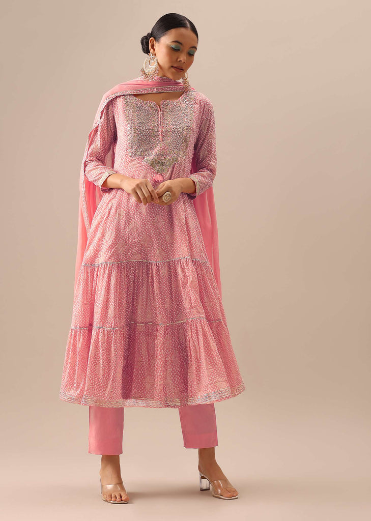 Pink Anakrali Set with Bandhani Print In Cotton