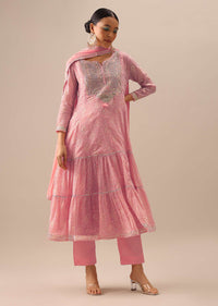 Pink Anakrali Set with Bandhani Print In Cotton