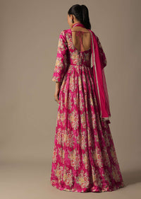 Pink Anarkali Set In Organza With Mirror Work