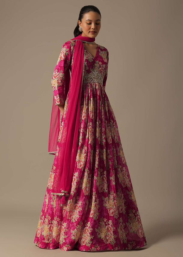 Pink Anarkali Set In Organza With Mirror Work