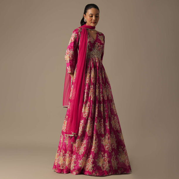 Pink Anarkali Set In Organza With Mirror Work