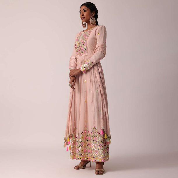 Pink Anarkali Set With Mirror Work Embroidery