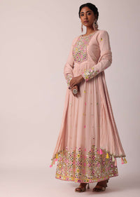 Pink Anarkali Set With Mirror Work Embroidery