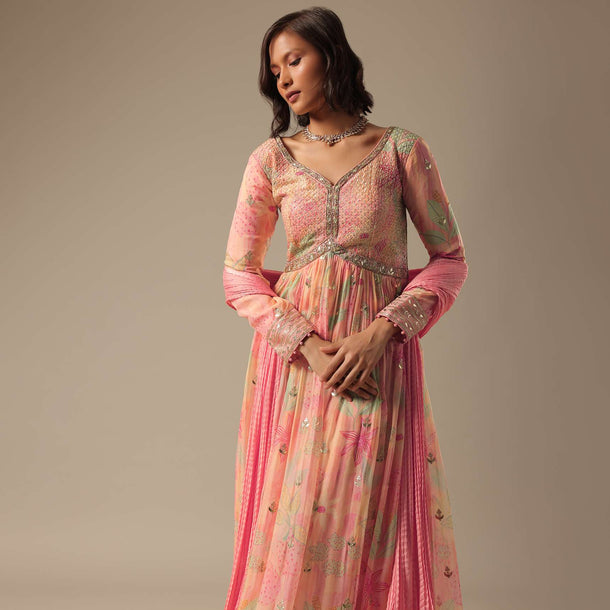 Pink Anarkali Set With Printed Detail