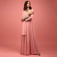 Blush Pink Anarkali Suit In Chiffon With Empire Style Heavily Embroidered Bodice Paired In Moti Work