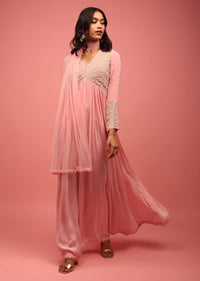 Blush Pink Anarkali Suit In Chiffon With Empire Style Heavily Embroidered Bodice Paired In Moti Work
