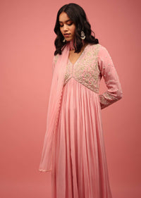 Blush Pink Anarkali Suit In Chiffon With Empire Style Heavily Embroidered Bodice Paired In Moti Work