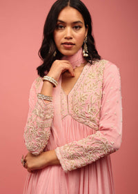 Blush Pink Anarkali Suit In Chiffon With Empire Style Heavily Embroidered Bodice Paired In Moti Work