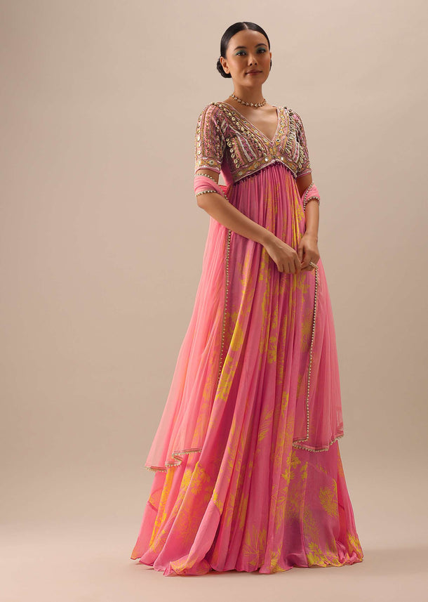Pink Anarkali With Net Dupatta And Shell Work