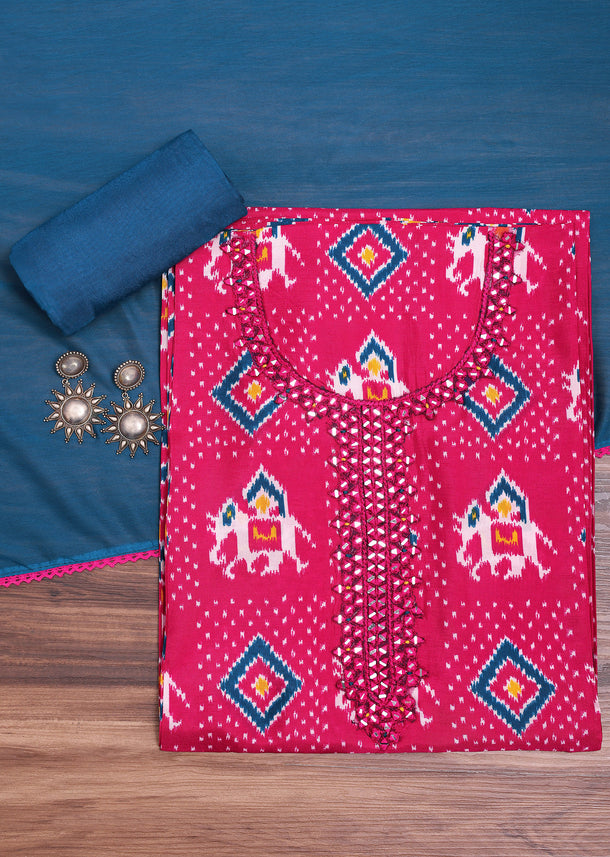 Pink And Blue Patola Printed Tussar Dress Material
