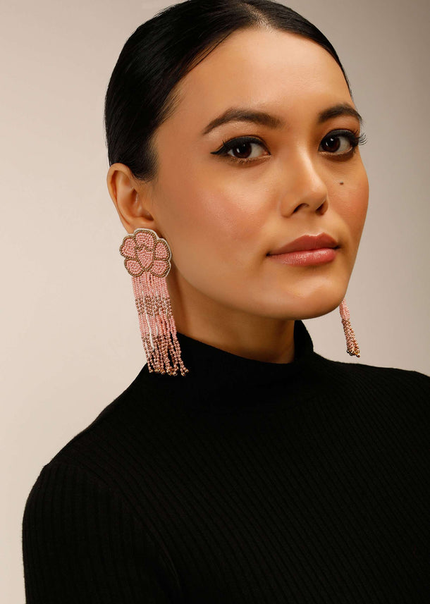 Pink And Gold Earrings With Beads Work In Floral Motifs And Fringe Detail