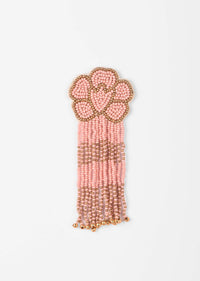 Pink And Gold Earrings With Beads Work In Floral Motifs And Fringe Detail