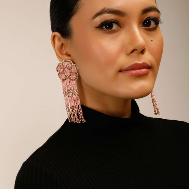 Pink And Gold Earrings With Beads Work In Floral Motifs And Fringe Detail