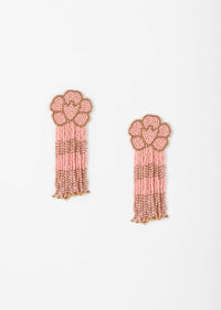 Pink And Gold Earrings With Beads Work In Floral Motifs And Fringe Detail