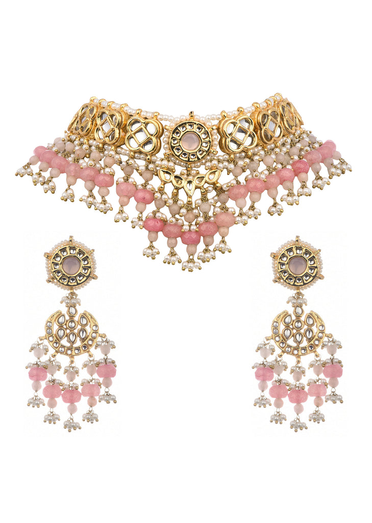 Pink And Gold Kundan Mix Metal Short Necklace Set