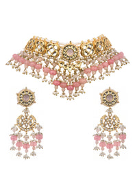 Pink And Gold Kundan Mix Metal Short Necklace Set