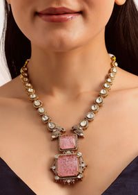 Pink And Gold Kundan Necklace Set In Mix Metal